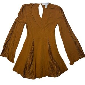 Hippie Chic Boho Mini Dress Mustard Brown Lace Bell Sleeve‎ Size S